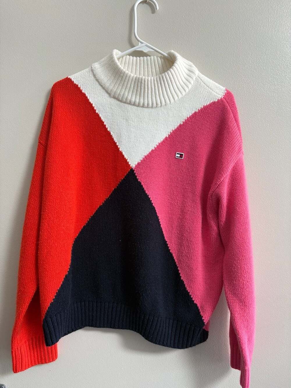 Tommy Hilfiger Colorblock Mock Neck Knit Sweater Pink Red Navy